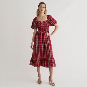 NWT J Crew smocked puff-sleeve cotton poplin midi dress in plaid, size Small